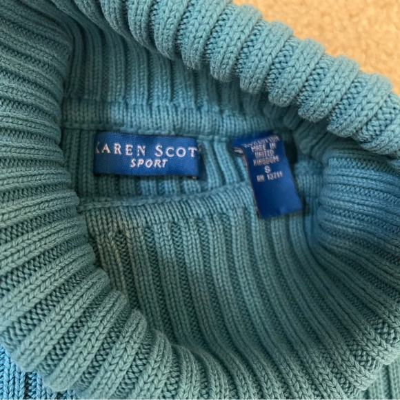 Karen Scott Sport Cotton Teal Ribbed Turtle Smock Neck Sweater Long Sleeve Small - Picture 7 of 10
